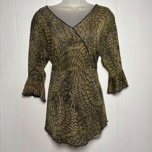 Y2K Gold Black Metallic Abstract Print Faux‎ Wrap Top Bell Sleeve Lettuce Trim